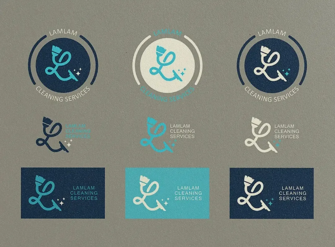 Concept identity for a fictitious company, LamLam Cleaning Services: broom-and-L badges, logo lockups and business cards in navy, aqua and cream on gray paper