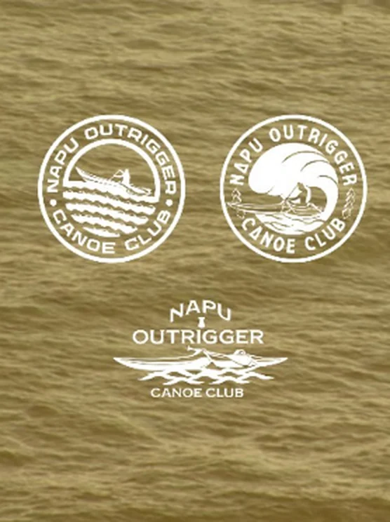 Napu Outrigger Canoe Club badge logos in white over golden water