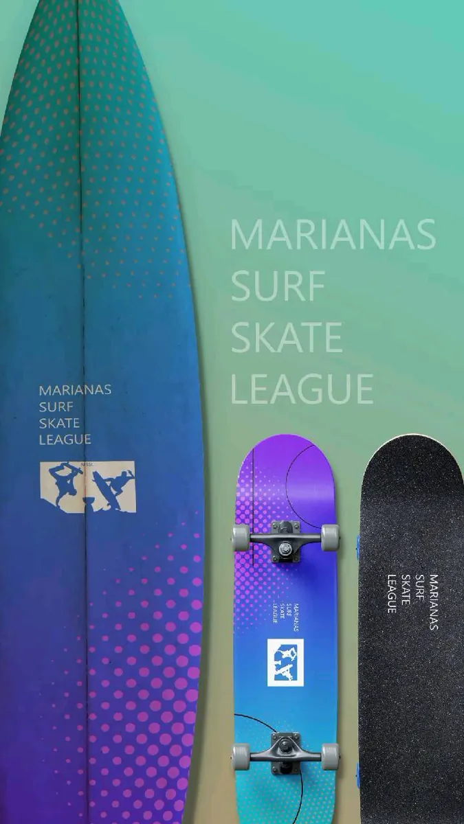 Marianas Surf Skate League branding on a blue-to-purple surfboard and two skateboards against a seafoam background